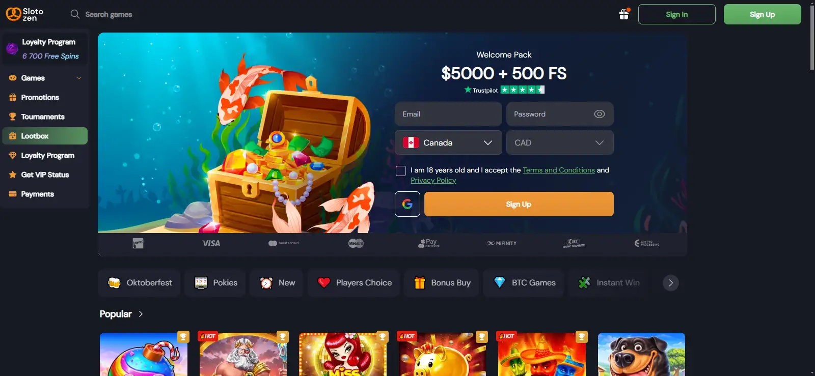 Slotozen homepage and casino lobby shown in a desktop browser