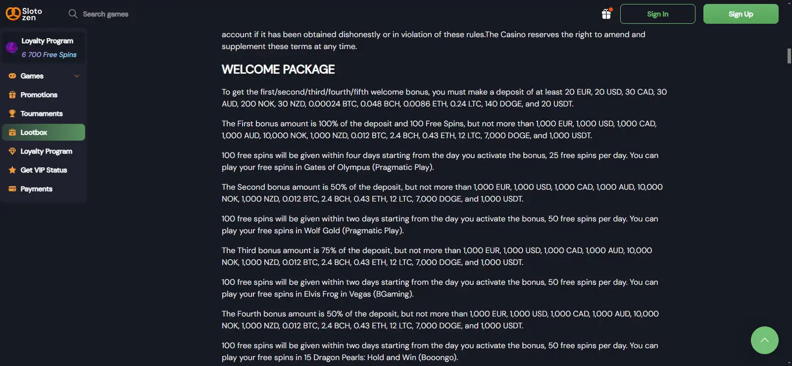 Current Slotozen bonus terms showing the Australian dollar welcome package